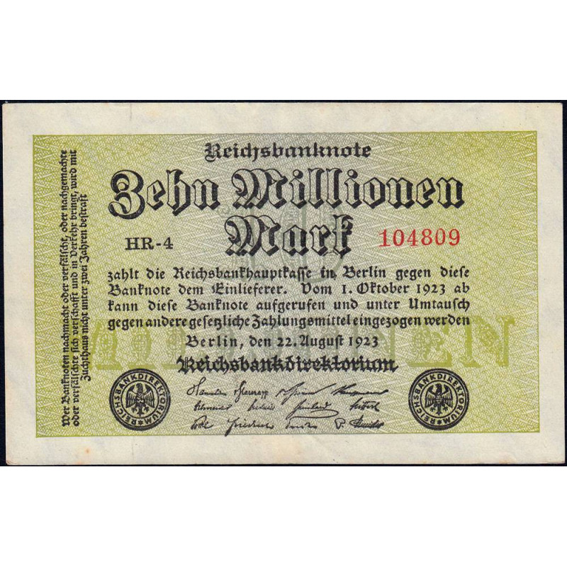 Allemagne - Pick 106a_1 - 10 millions mark - 22/08/1923 - Série HR 4 - Etat : TTB+
