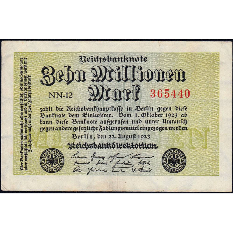 Allemagne - Pick 106a_1 - 10 millions mark - 22/08/1923 - Série NN 12 - Etat : TTB