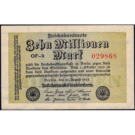 Allemagne - Pick 106a_1 - 10 millions mark - 22/08/1923 - Série OF 9 - Etat : TTB+