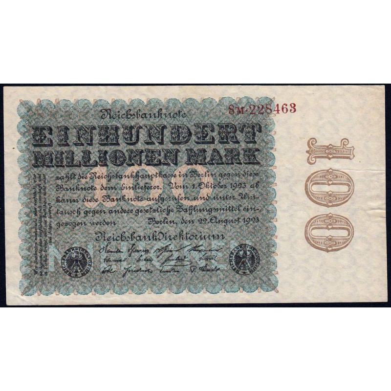 Allemagne - Pick 107c_2 - 100 millions mark - 20/08/1923 - Série 8 M - Etat : TTB+