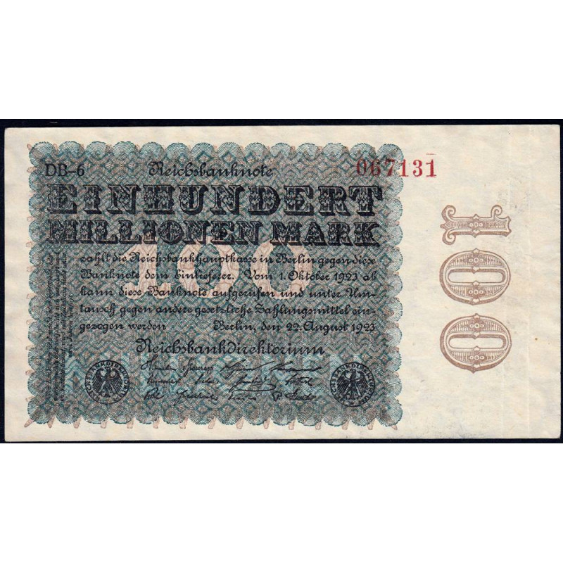 Allemagne - Pick 107e - 100 millions mark - 20/08/1923 - Série DB 6 - Etat : TTB