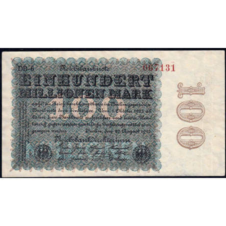 Allemagne - Pick 107e - 100 millions mark - 20/08/1923 - Série DB 6 - Etat : TTB