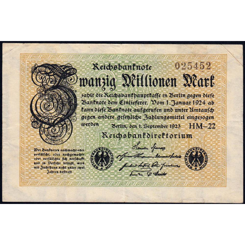 Allemagne - Pick 108c_1 - 20 millions mark - 01/09/1923 - Série HM 22 - Etat : TB+