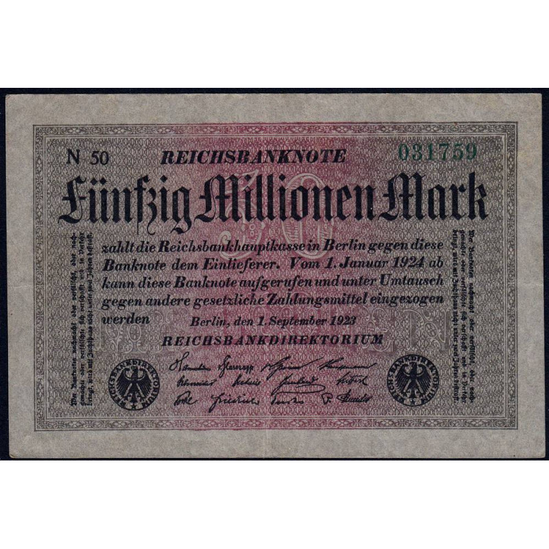 Allemagne - Pick 109a_2 - 50 millions mark - 01/09/1923 - Série N 50 - Etat : TTB+