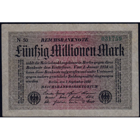 Allemagne - Pick 109a_2 - 50 millions mark - 01/09/1923 - Série N 50 - Etat : TTB+