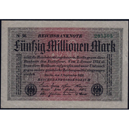 Allemagne - Pick 109a_2 - 50 millions mark - 01/09/1923 - Série N 56 - Etat : TTB