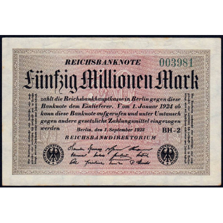 Allemagne - Pick 109b_1 - 50 millions mark - 01/09/1923 - Série BH 2 - Etat : TTB+