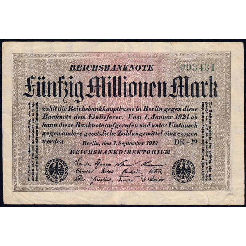 Allemagne - Pick 109b_1 - 50 millions mark - 01/09/1923 - Série DK 29 - Etat : TB