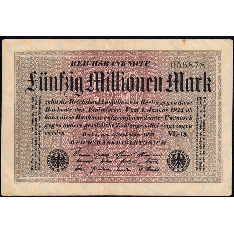 Allemagne - Pick 109b_1 - 50 millions mark - 01/09/1923 - Série VL 18 - Etat : TB