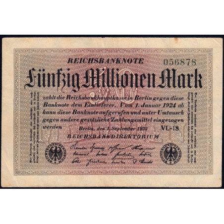 Allemagne - Pick 109b_1 - 50 millions mark - 01/09/1923 - Série VL 18 - Etat : TB