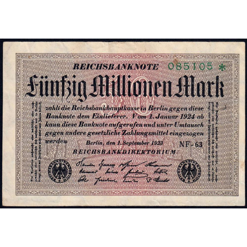 Allemagne - Pick 109b_2 - 50 millions mark - 01/09/1923 - Série NF 63 - Etat : TTB