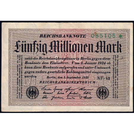 Allemagne - Pick 109b_2 - 50 millions mark - 01/09/1923 - Série NF 63 - Etat : TTB