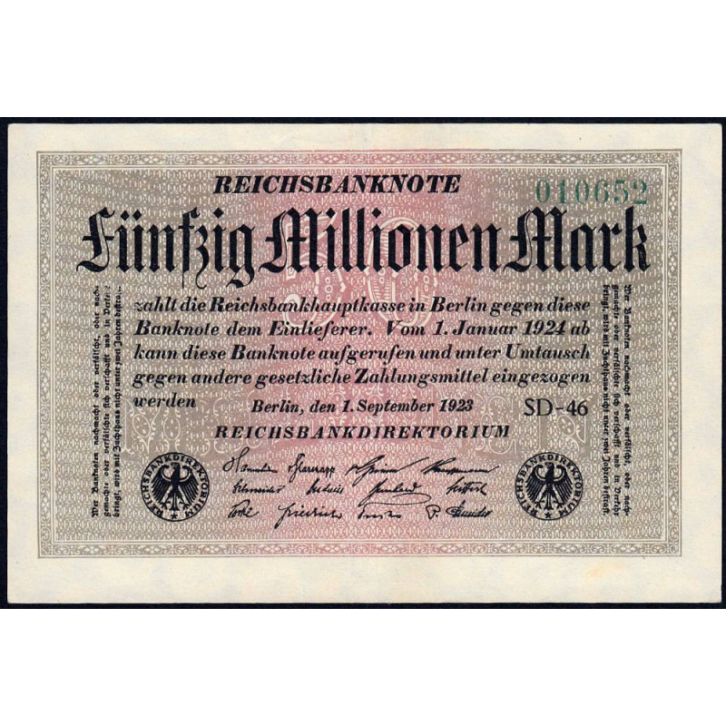 Allemagne - Pick 109c_1 - 50 millions mark - 01/09/1923 - Série SD 46 - Etat : SUP