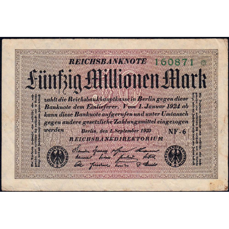 Allemagne - Pick 109f_2 - 50 millions mark - 01/09/1923 - Série NF 6 - Etat : TB