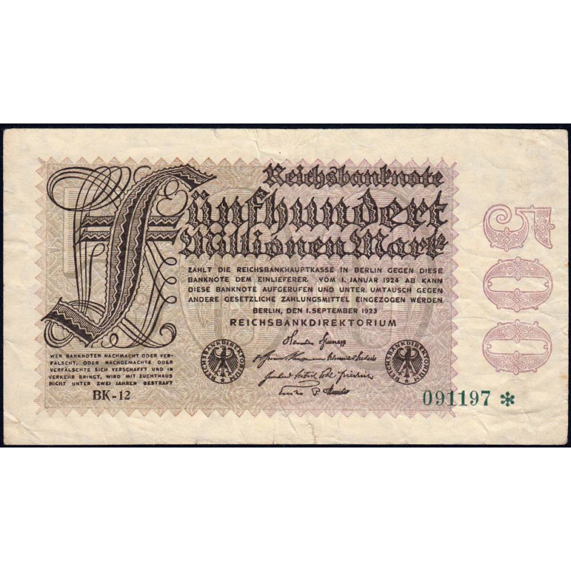 Allemagne - Pick 110e_3 - 500 millions mark - 01/09/1923 - Série BK 12 - Etat : TB-