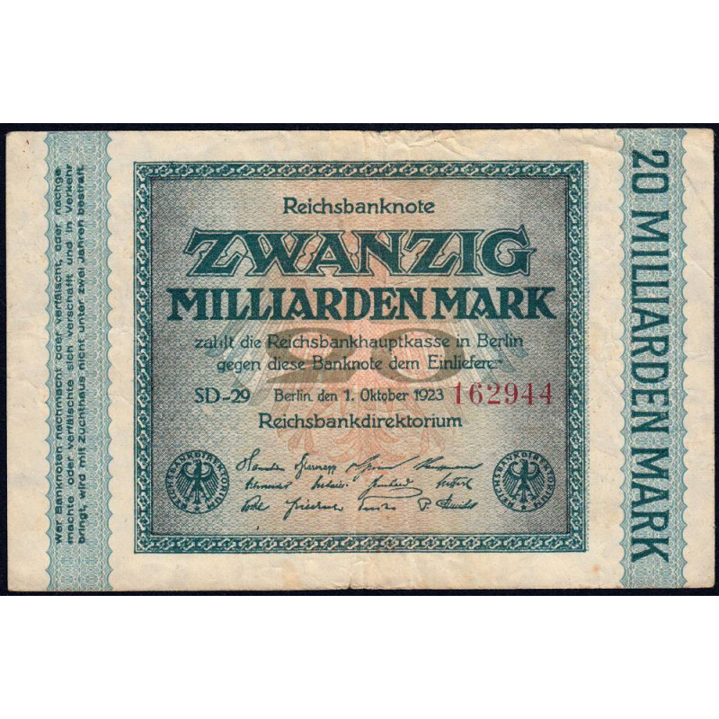 Allemagne - Pick 118c - 20 milliards mark - 01/10/1923 - Série SD 99 - Etat : TB+