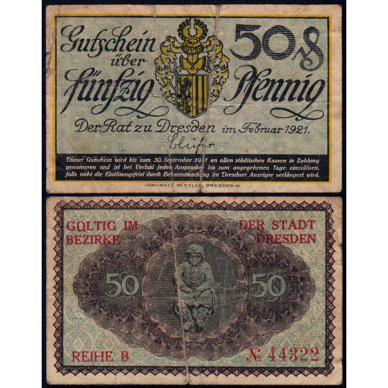 Allemagne - Notgeld - Dresden - 50 pfennig - 02/1921 - Série B - Etat : B-