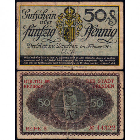 Allemagne - Notgeld - Dresden - 50 pfennig - 02/1921 - Série B - Etat : B-