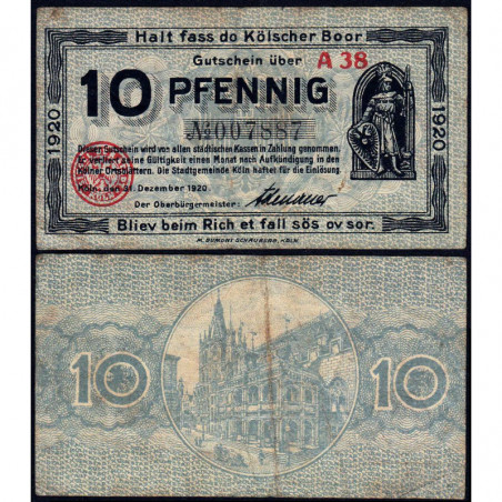 Allemagne - Notgeld - Köln - 10 pfennig - 31/12/1920 - Série A 38 - Réf K30.15 - Etat : TTB