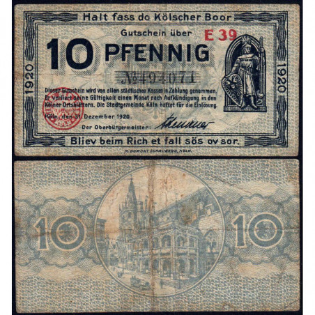 Allemagne - Notgeld - Köln - 10 pfennig - 31/12/1920 - Série E 39 - Réf K30.15 - Etat : TB+