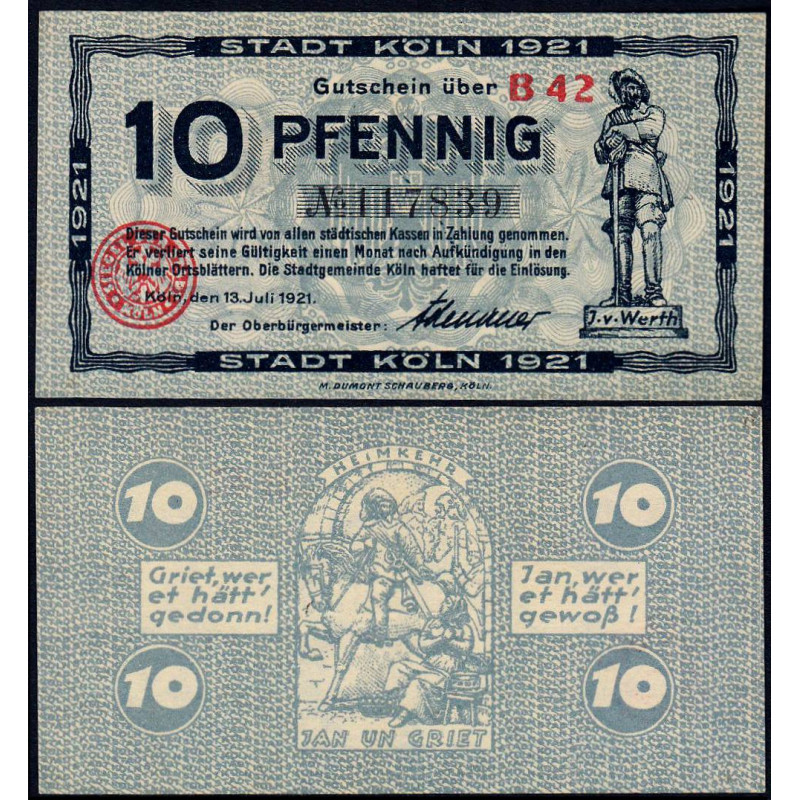 Allemagne - Notgeld - Köln - 10 pfennig - 13/07/1921 - Série B 42 - Réf K30.17 - Etat : NEUF