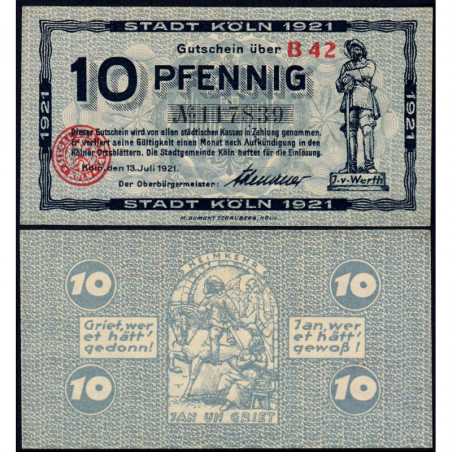 Allemagne - Notgeld - Köln - 10 pfennig - 13/07/1921 - Série B 42 - Réf K30.17 - Etat : NEUF