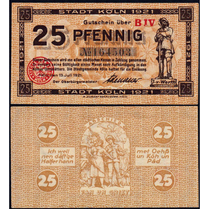 Allemagne - Notgeld - Köln - 25 pfennig - 13/07/1921 - Série B IV - Réf K30.16 - Etat : pr.NEUF