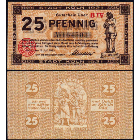 Allemagne - Notgeld - Köln - 25 pfennig - 13/07/1921 - Série B IV - Réf K30.16 - Etat : pr.NEUF