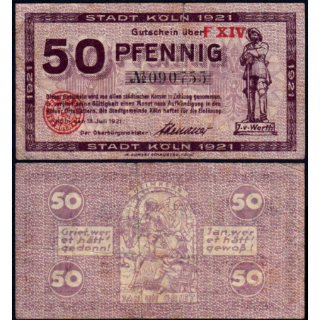 Allemagne - Notgeld - Köln - 50 pfennig - 13/07/1921 - Série F XIV - Réf K30.17 - Etat : TB+