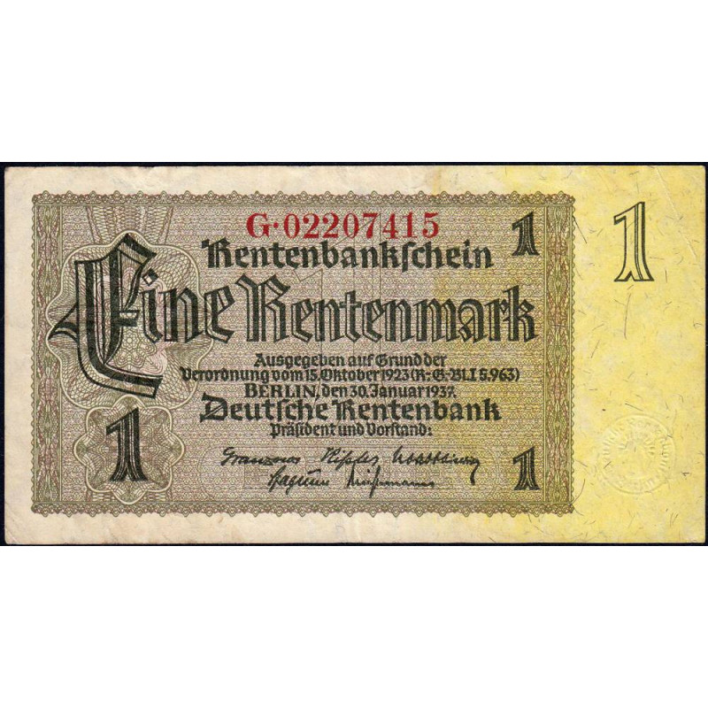 Allemagne - Pick 173b - 1 rentenmark - 30/01/1937 - Série G - Etat : TB+