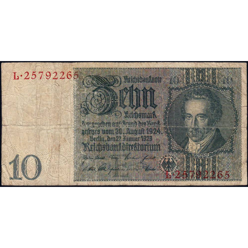 Allemagne - Pick 180a - 10 reichsmark - 22/01/1929 - Lettre E - Série L - Etat : B+