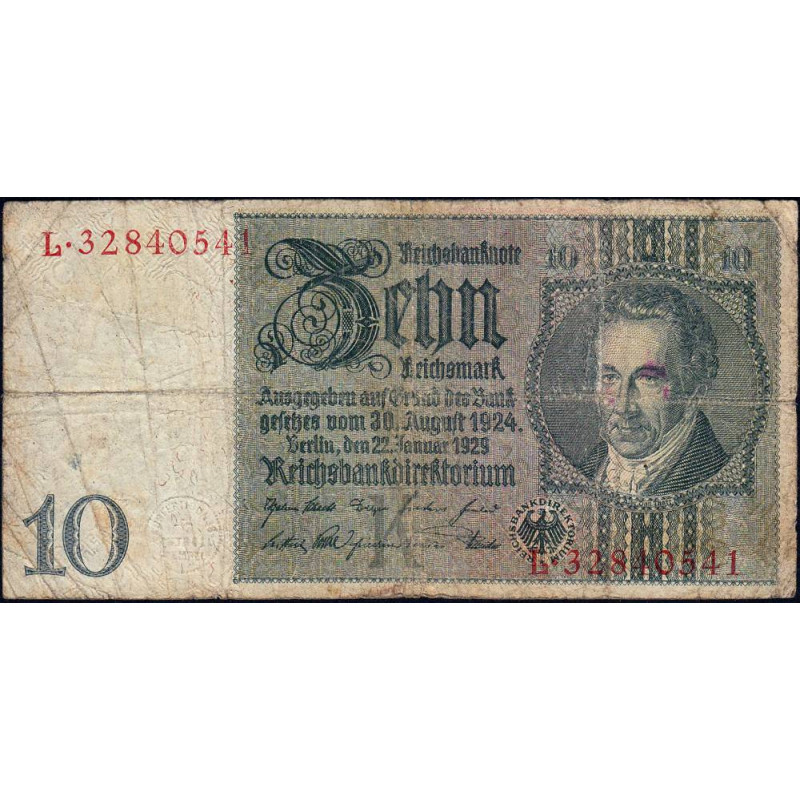 Allemagne - Pick 180a - 10 reichsmark - 22/01/1929 - Lettre K - Série L - Etat : TB-