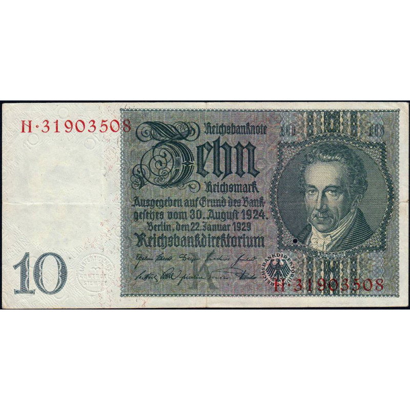 Allemagne - Pick 180a - 10 reichsmark - 22/01/1929 - Lettre K - Série H - Etat : TTB