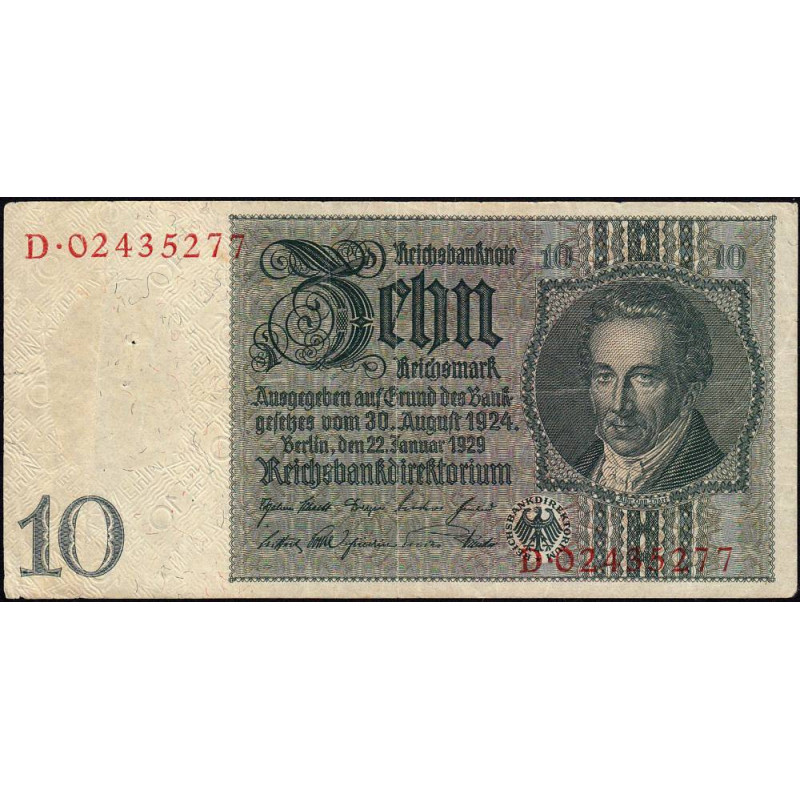 Allemagne - Pick 180b - 10 reichsmark - 22/01/1929 - Sans lettre - Série D - Etat : TTB
