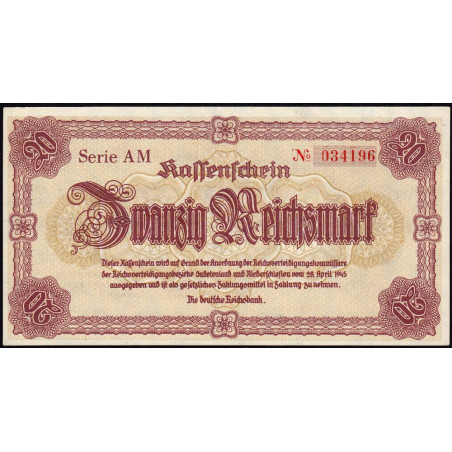 Allemagne - Sudètes - Basse-Silésie - Pick 187 - 20 reichsmark - 28/04/1945 - Série AM - Etat : NEUF