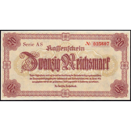Allemagne - Sudètes - Basse-Silésie - Pick 187 - 20 reichsmark - 28/04/1945 - Série AS - Etat : NEUF