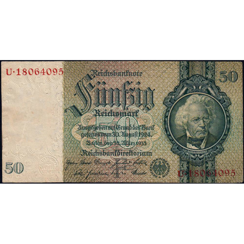 Allemagne - Pick 182a_2 - 50 reichsmark - 30/03/1933 - Lettre F - Série U - Etat : TTB