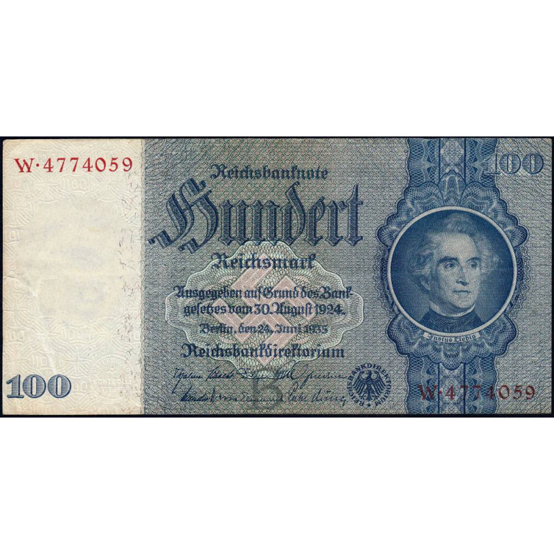 Allemagne - Pick 183a - 100 reichsmark - 24/06/1935 - Lettre B - Série W - Etat : TTB
