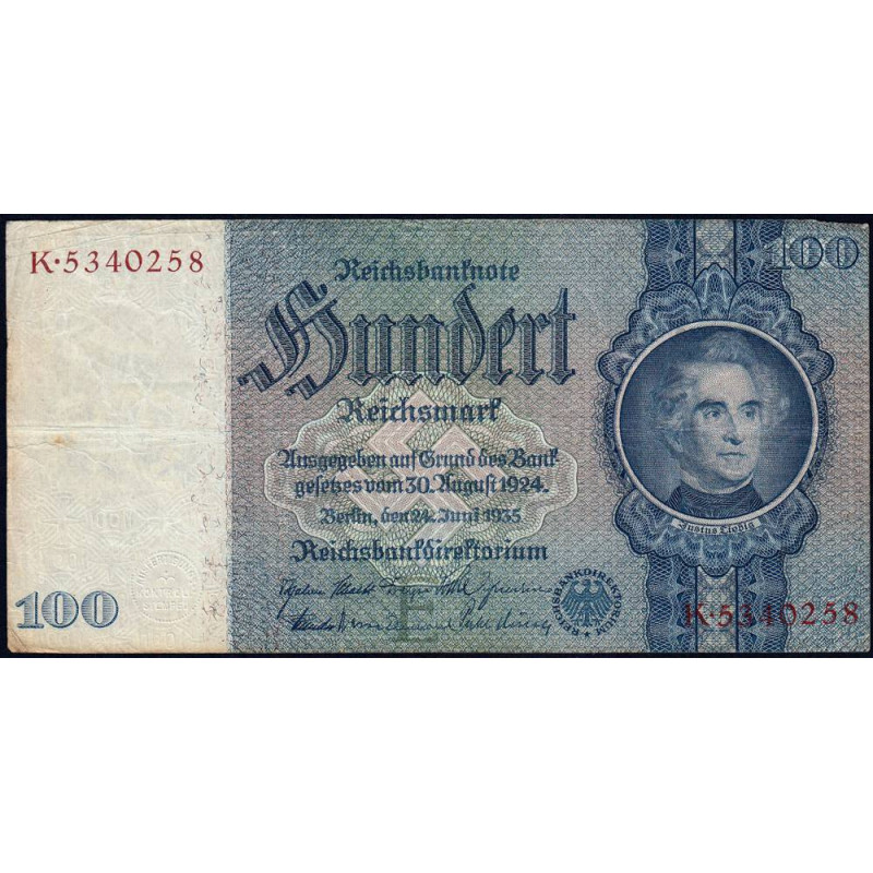 Allemagne - Pick 183a - 100 reichsmark - 24/06/1935 - Lettre E - Série K - Etat : TB