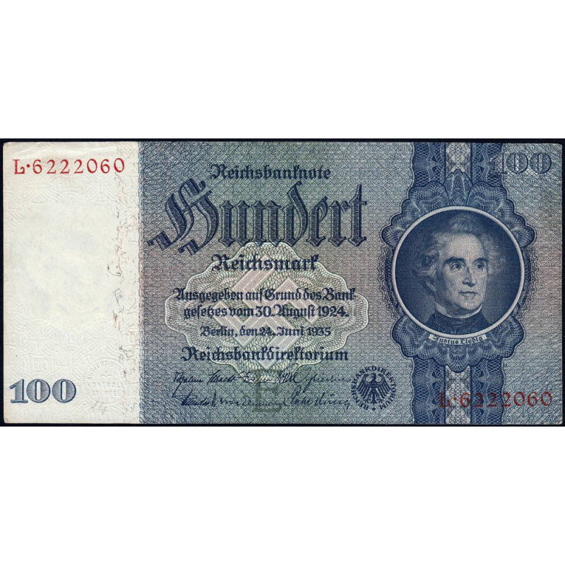 Allemagne - Pick 183a - 100 reichsmark - 24/06/1935 - Lettre E - Série L - Etat : TTB+