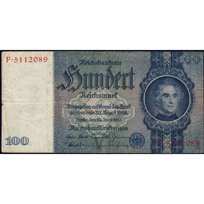 Allemagne - Pick 183a - 100 reichsmark - 24/06/1935 - Lettre V - Série F - Etat : TB+