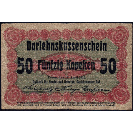 Allemagne - Emission de Posen (Pologne) - Pick R 121d - 50 kopeken - 17/04/1916 - Etat : TB-