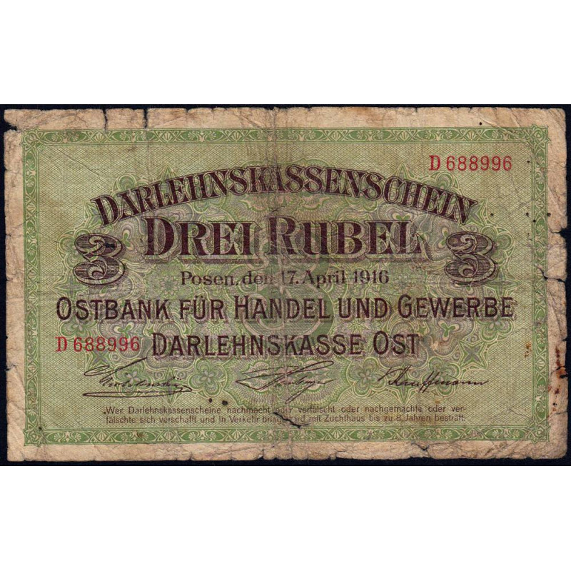 Allemagne - Emission de Posen (Pologne) - Pick R 123a - 3 rubel - Série D - 17/04/1916 - Etat : B