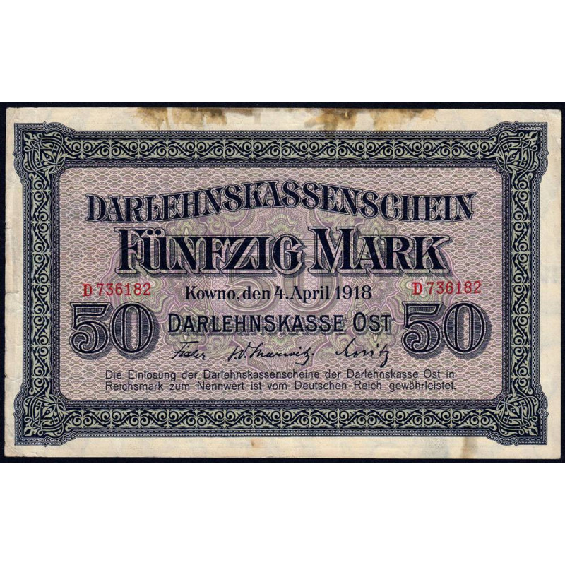 Allemagne - Emission de Kowno (Lituanie) - Pick R 132 - 50 mark - Série D - 04/04/1918 - Etat : TB-