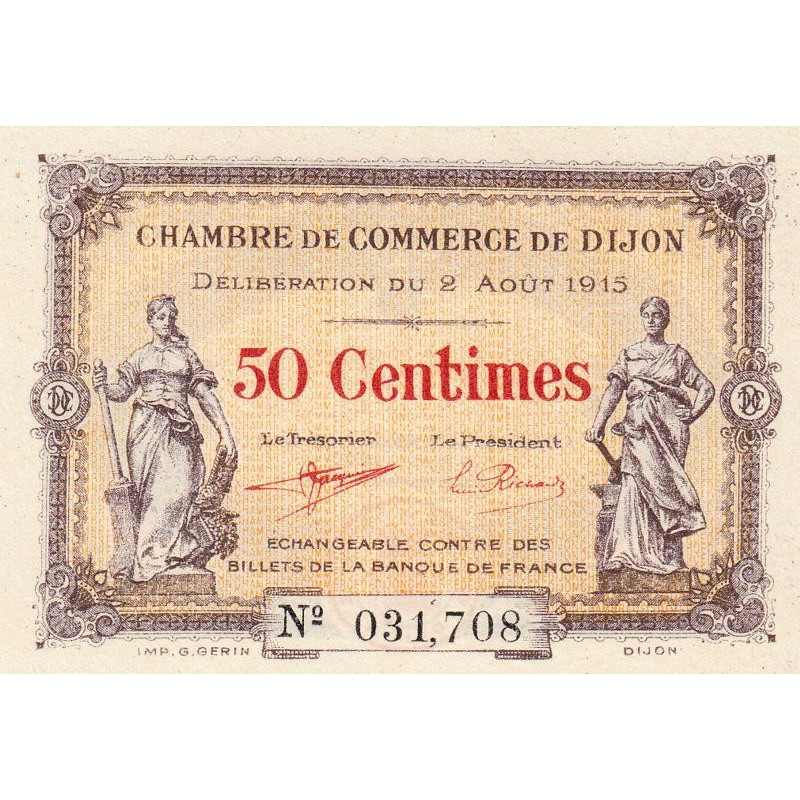 Dijon - Pirot 53-1 - 50 centimes - Sans série - 02/08/1915 - Etat : NEUF