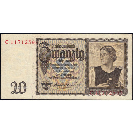 Allemagne - Pick 185 - 20 reichsmark - 16/06/1939 - Lettre W - Série C - Etat : TTB+