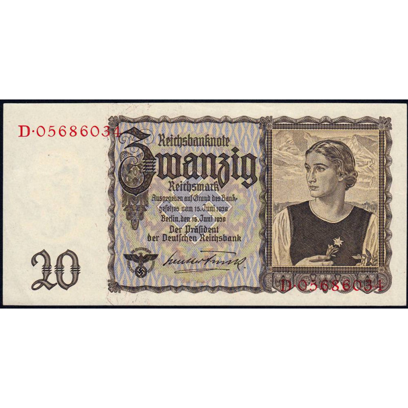 Allemagne - Pick 185 - 20 reichsmark - 16/06/1939 - Lettre W - Série D - Etat : SPL+