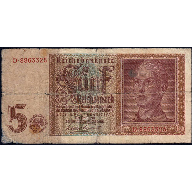 Allemagne - Pick 186a_1 - 5 reichsmark - 01/08/1942 - Lettre P - Série D - Etat : B