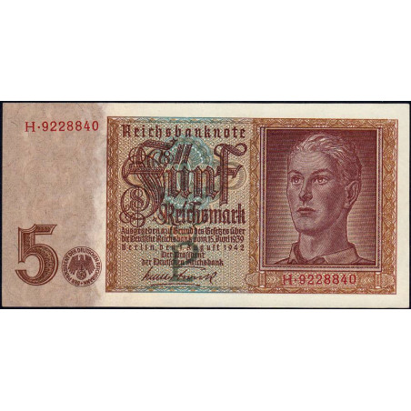 Allemagne - Pick 186a_1 - 5 reichsmark - 01/08/1942 - Lettre P - Série H - Etat : SPL+