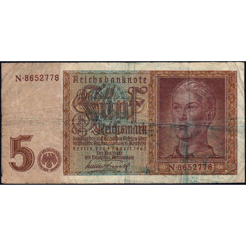 Allemagne - Pick 186a_1 - 5 reichsmark - 01/08/1942 - Lettre P - Série N - Etat : TB-